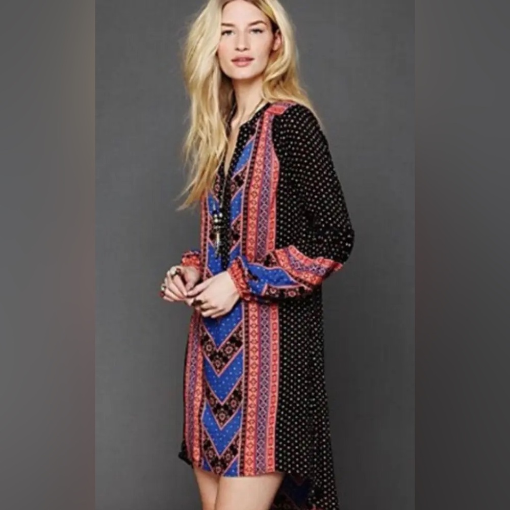 Free People Boho Print Tunic Mini Dress Hi Low Long Sleeve Size XS